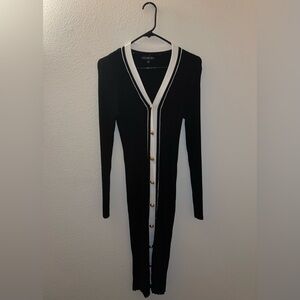 Almost Famous Black Ribbed Midi Sweater Dress with White Trim and Gold Buttons